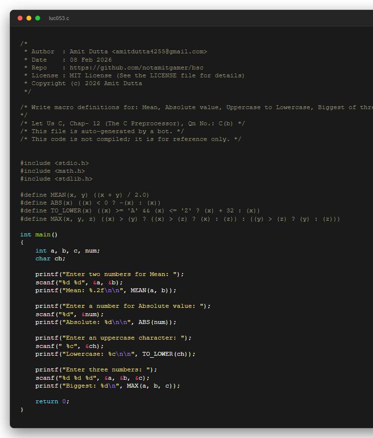 Write macro definitions for: Mean, Absolute value, Uppercase to Lowercase, Biggest of three.